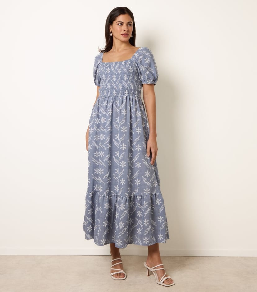 Blue Vanilla Women's Blue Floral Embroidered Puff Sleeve Midi Dress Blue Vanilla New Look - 1