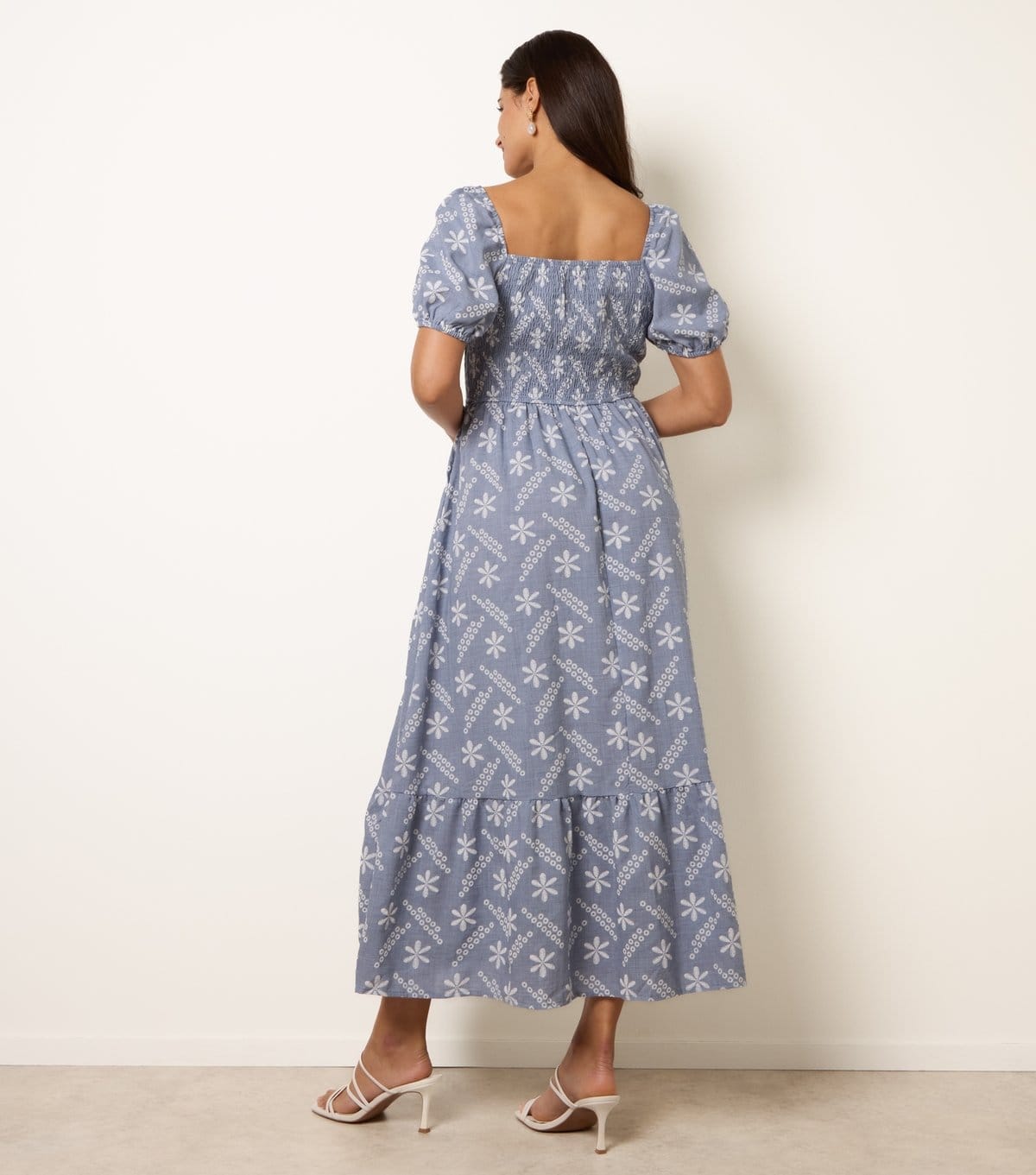 Blue Vanilla Women's Blue Floral Embroidered Puff Sleeve Midi Dress Blue Vanilla New Look - 4