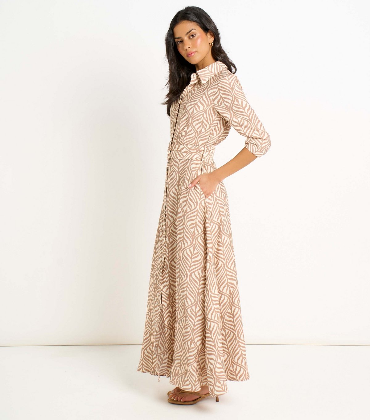 Gini London Women's Cream Leaf Pattern Shirt Maxi Dress Gini London New Look - 3