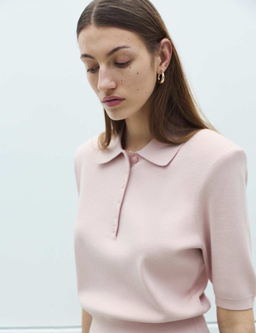 Marks & Spencer M&S Collared Slim Fit Cropped Knitted Top Dusted Pink - 4