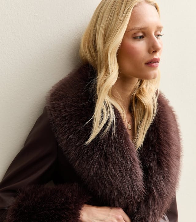 New Look Women's Dark Burgundy Faux Leather Faux Fur Trim Longline Jacket New Look - 2