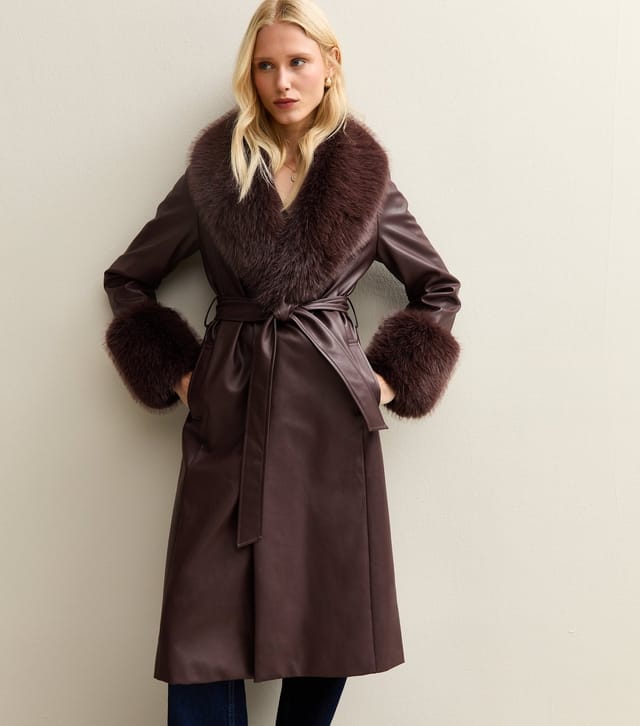 New Look Women's Dark Burgundy Faux Leather Faux Fur Trim Longline Jacket New Look - 3