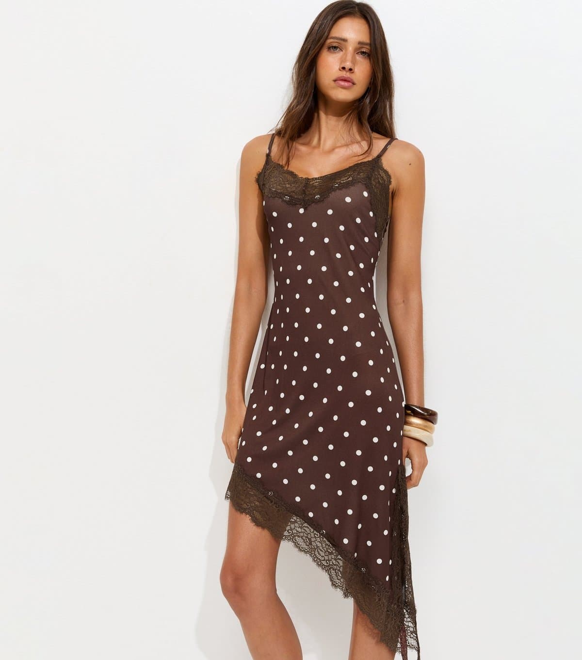 New Look Women's Dark Brown Polka Dot Asymmetric Hem Mini Dress New Look
