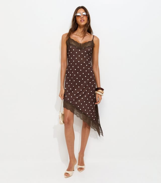 New Look Women's Dark Brown Polka Dot Asymmetric Hem Mini Dress New Look - 3