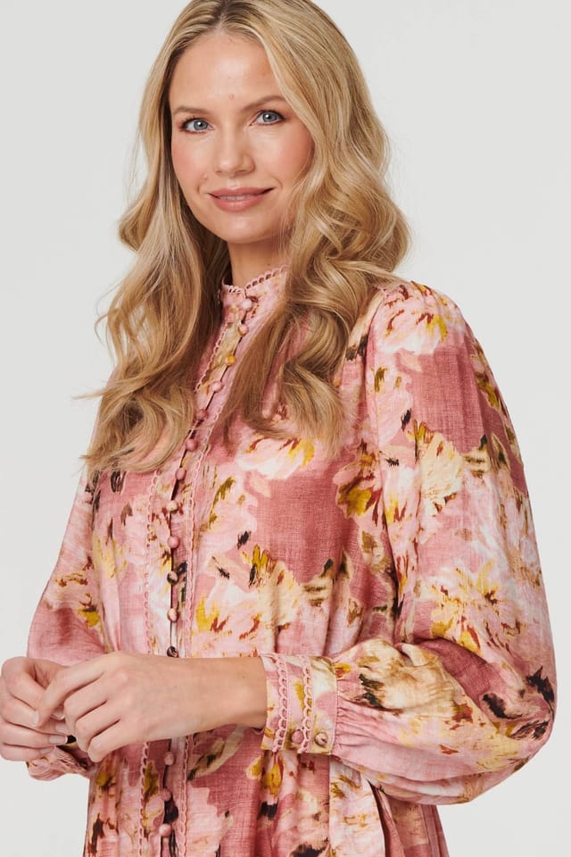 Izabel London Izabel London Women's Floral Long Sleeve Short Shirt Dress in Dusty Pink - 2