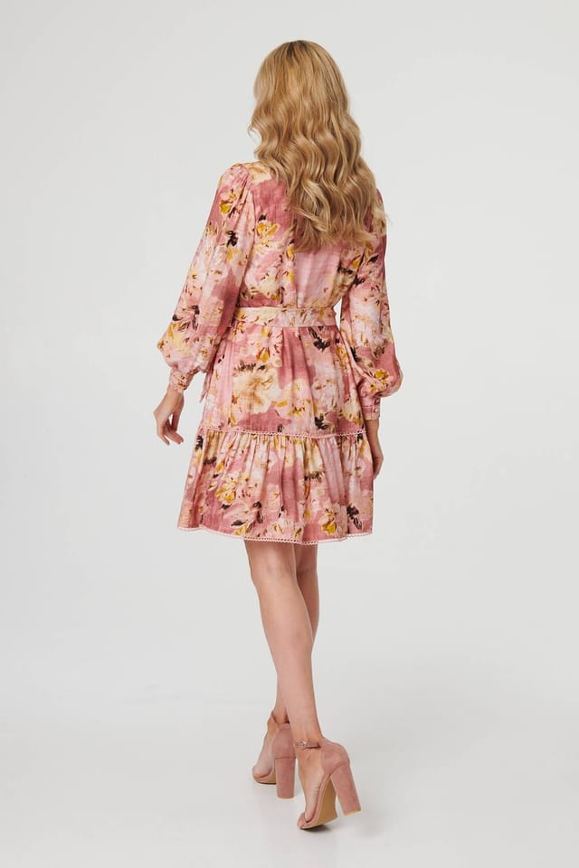 Izabel London Izabel London Women's Floral Long Sleeve Short Shirt Dress in Dusty Pink - 3