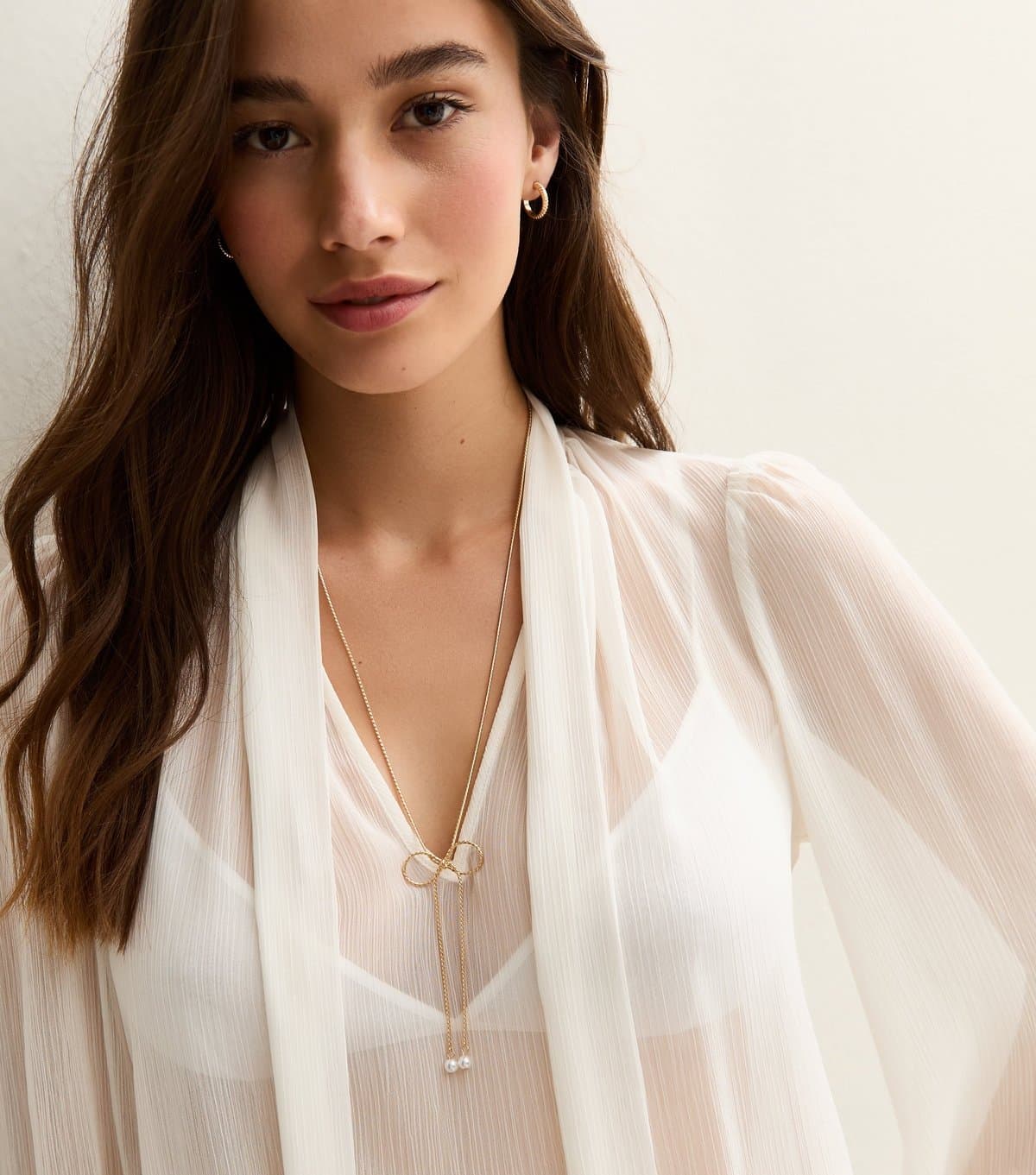 New Look Gold Tone Faux Pearl Charm Bow Long Necklace New Look