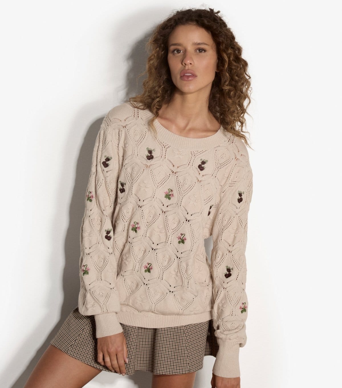 Apricot Stone Pointelle Knit Floral Embroidered Jumper