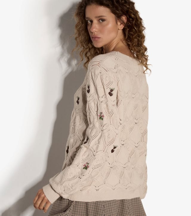 Apricot Women's Stone Pointelle Knit Floral Embroidered Jumper Apricot New Look - 3