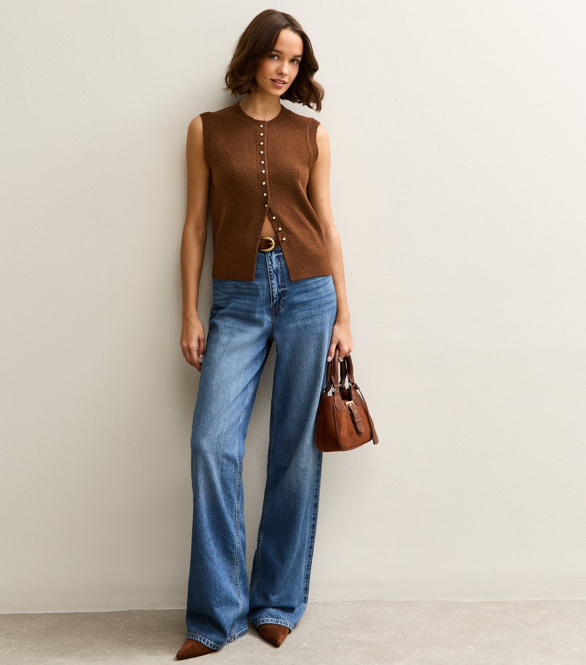 New Look Women's Dark Brown Crew Neck Contrast Button Knit Waistcoat New Look - 3