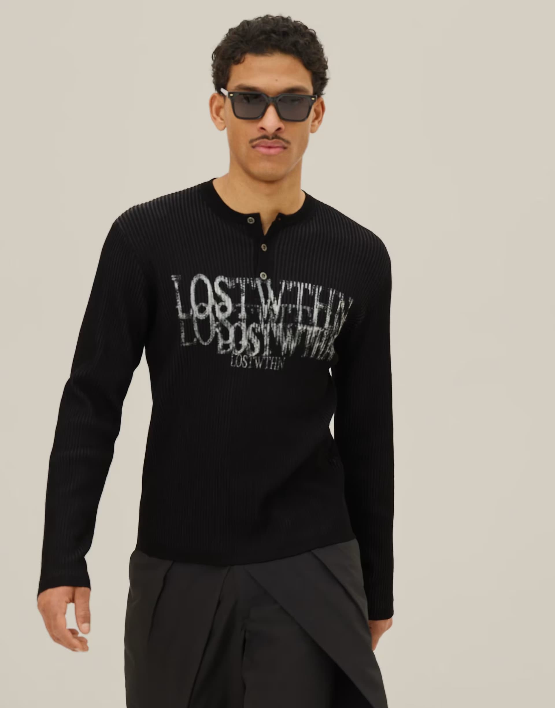 ASOS Bershka Printed henley jumper in black