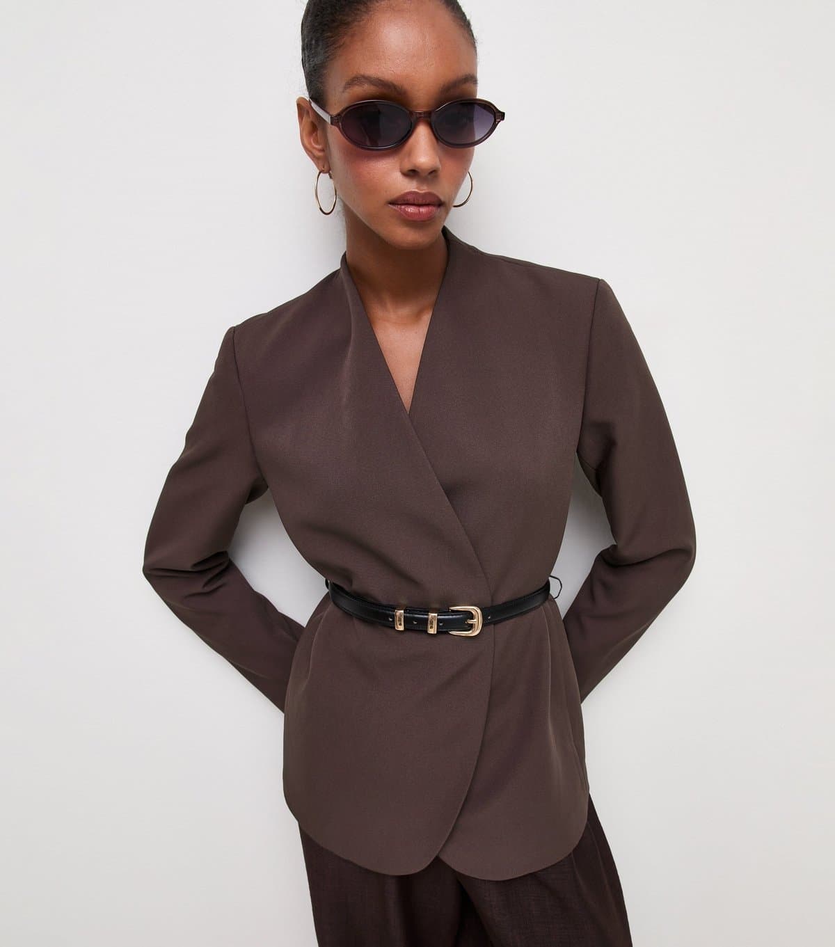 New Look Women's Dark Burgundy Collarless Belted Blazer New Look