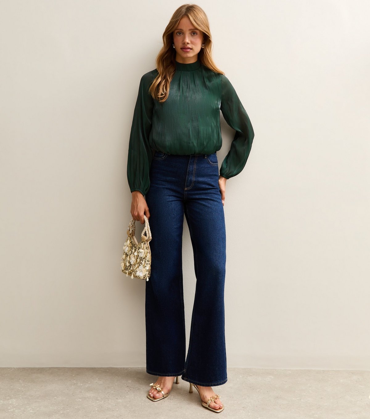 New Look Women's Green Shimmer High Neck Long Sleeve Bubble Hem Top New Look - 2