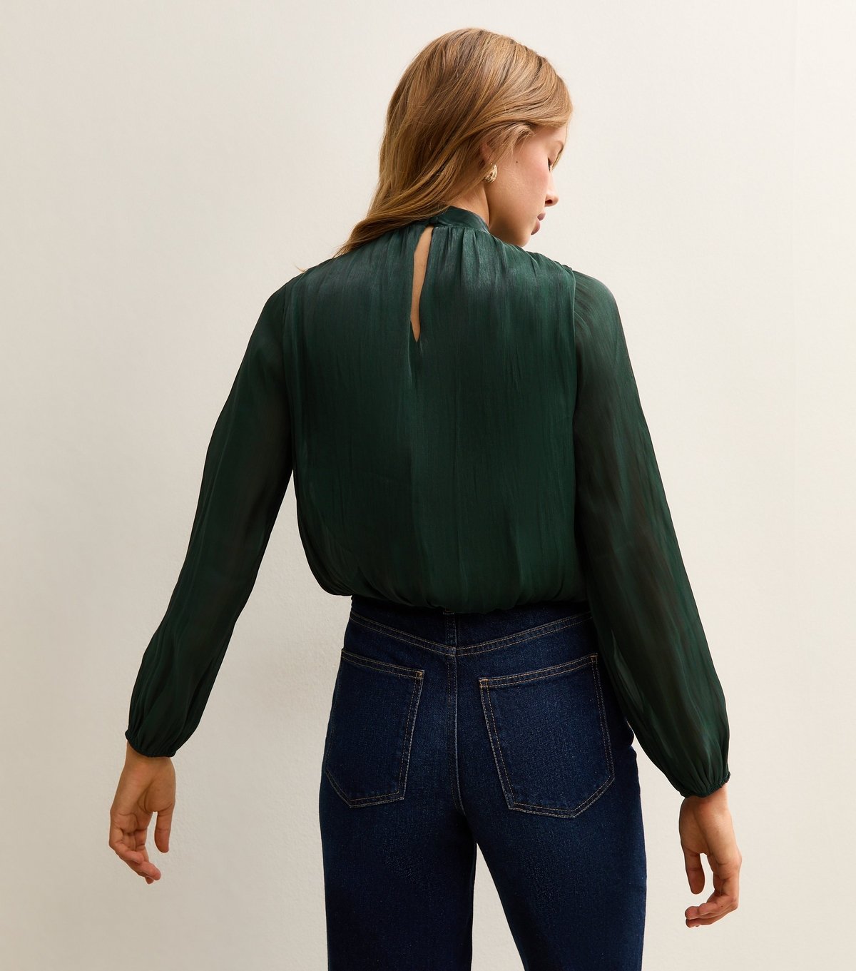 New Look Women's Green Shimmer High Neck Long Sleeve Bubble Hem Top New Look - 4