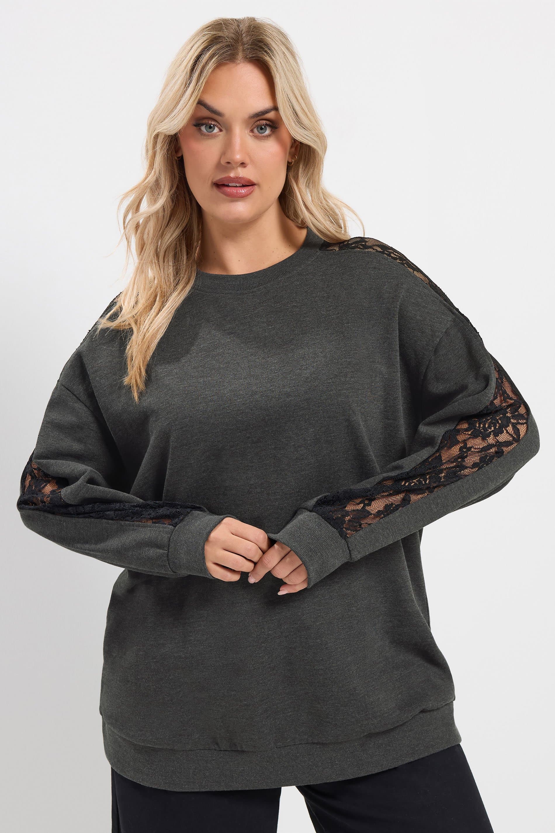 Yours Plus Size Grey Lace Sleeve Sweatshirt