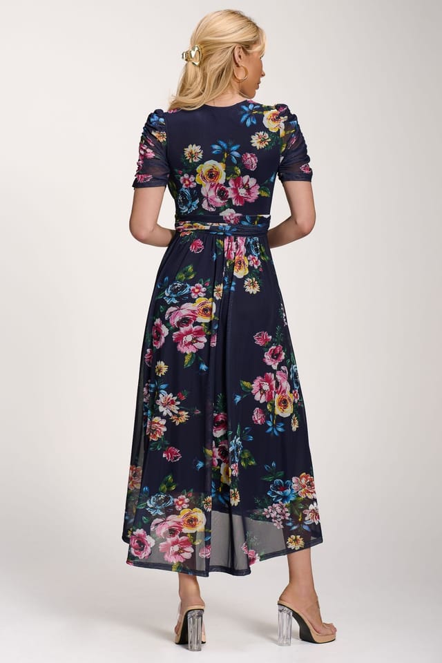 Jolie Moi Jolie Moi Women's Petite Mesh Print Dip Hem Maxi Dress - 2