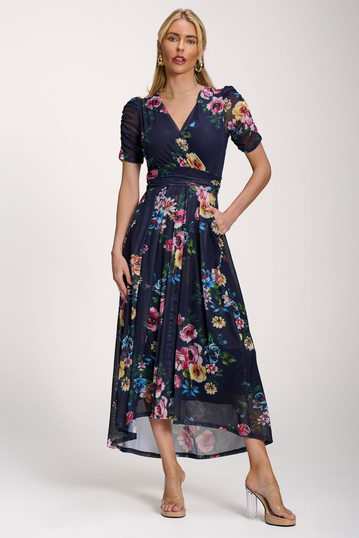 Jolie Moi Jolie Moi Women's Petite Mesh Print Dip Hem Maxi Dress - 4