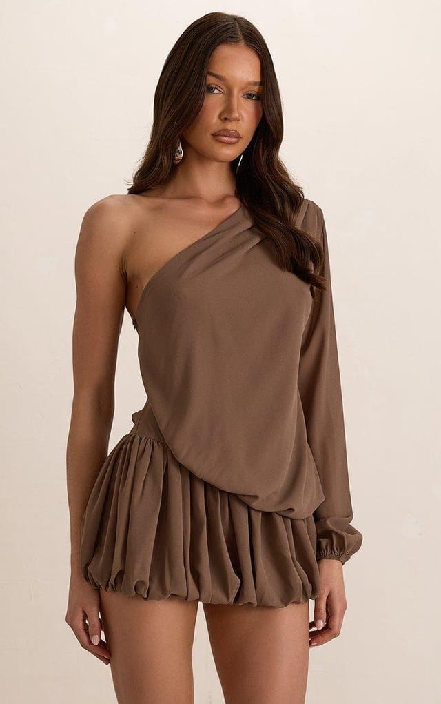 EGO One Sleeve Open Back Puffball Mini Dress In Brown, Women's Size UK 6 - 2