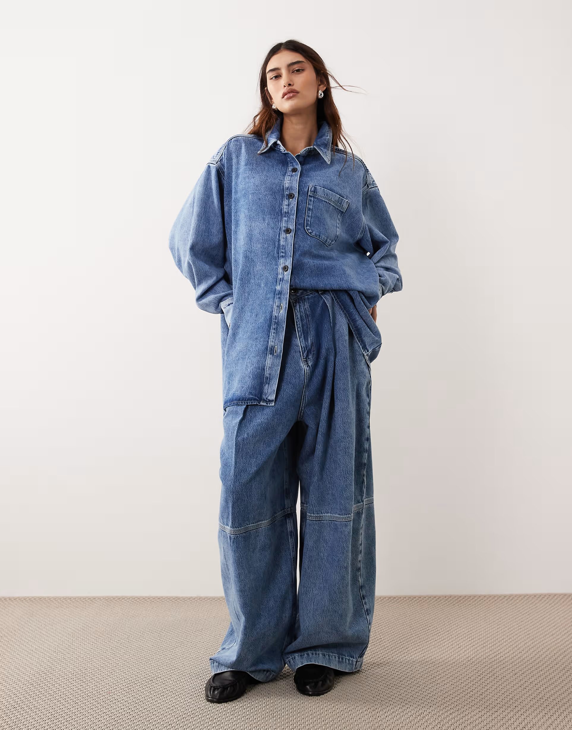 ASOS ARRANGE seam detail washed denim shirt and barrel jean co-ord in mid wash blue - 1