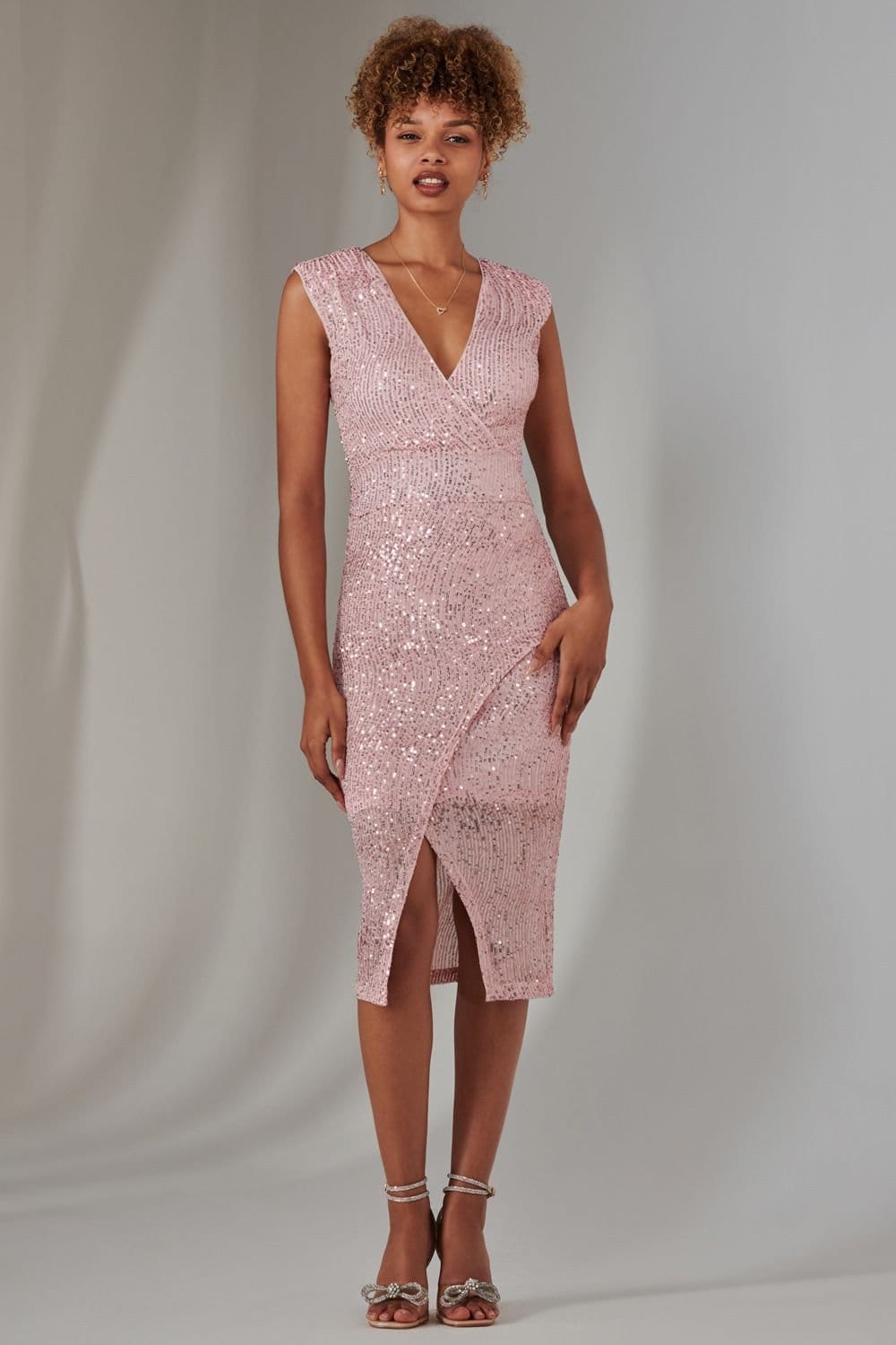 Jolie Moi Jolie Moi Women's Deja Sequin Midi Dress With Slit in Light Pink - 4