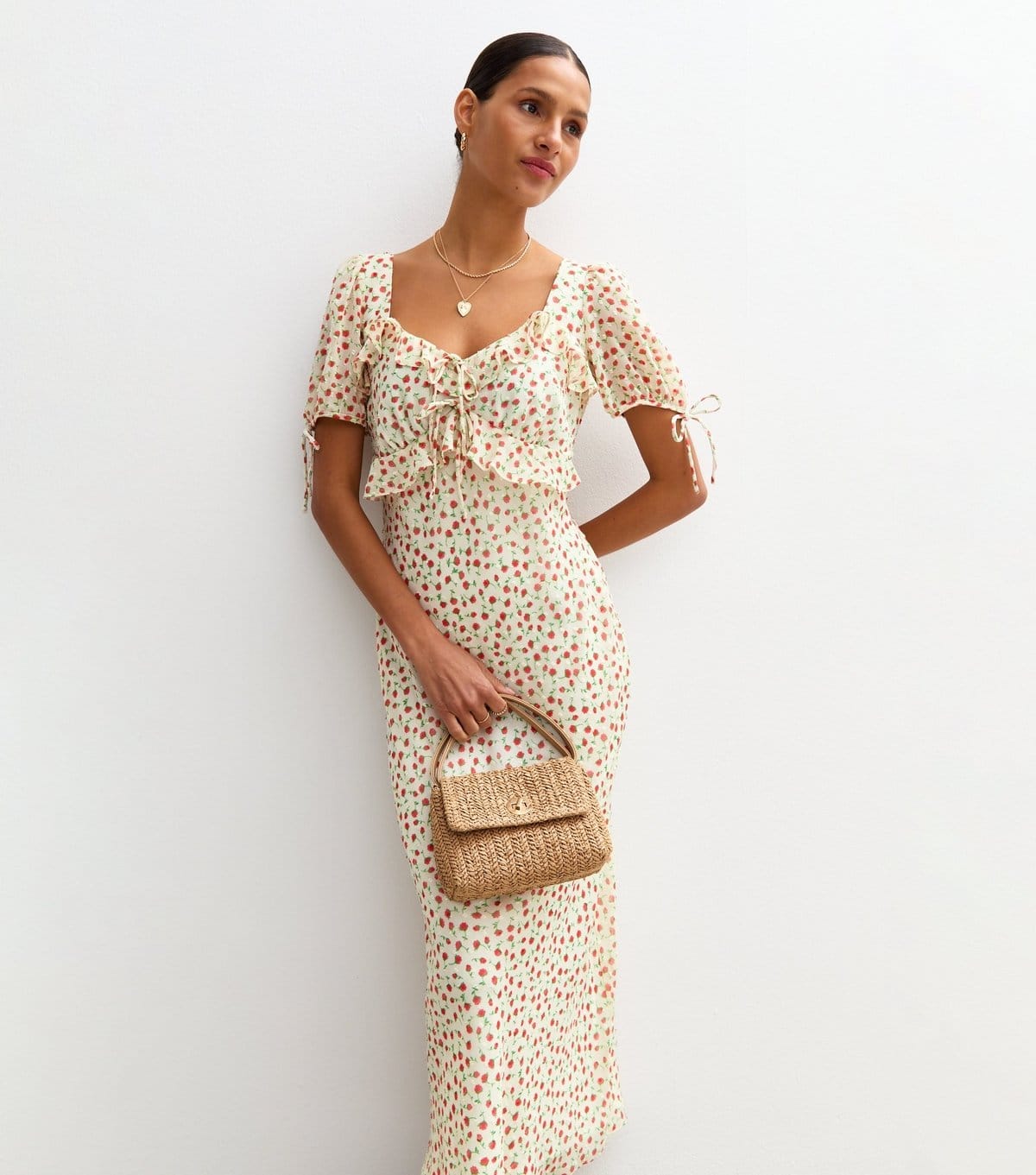 New Look Cream Chiffon Floral Midi Dress
