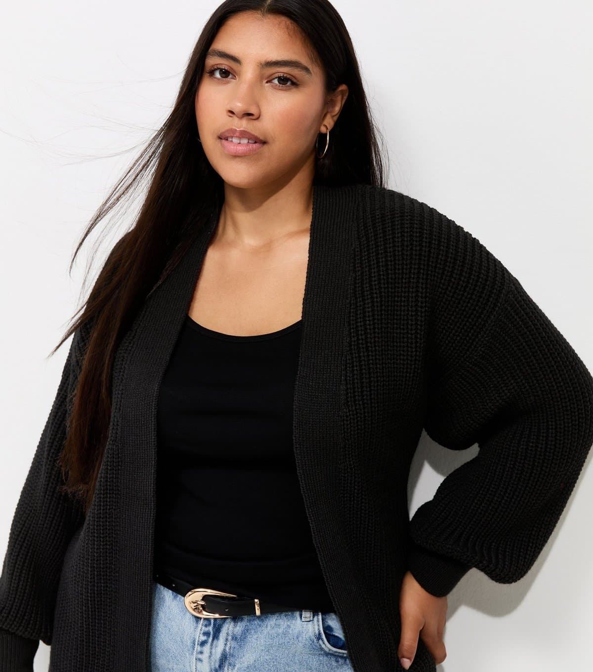 New Look Women's Plus Size Black Ribbed Knit Balloon Sleeve Cardigan Curves New Look