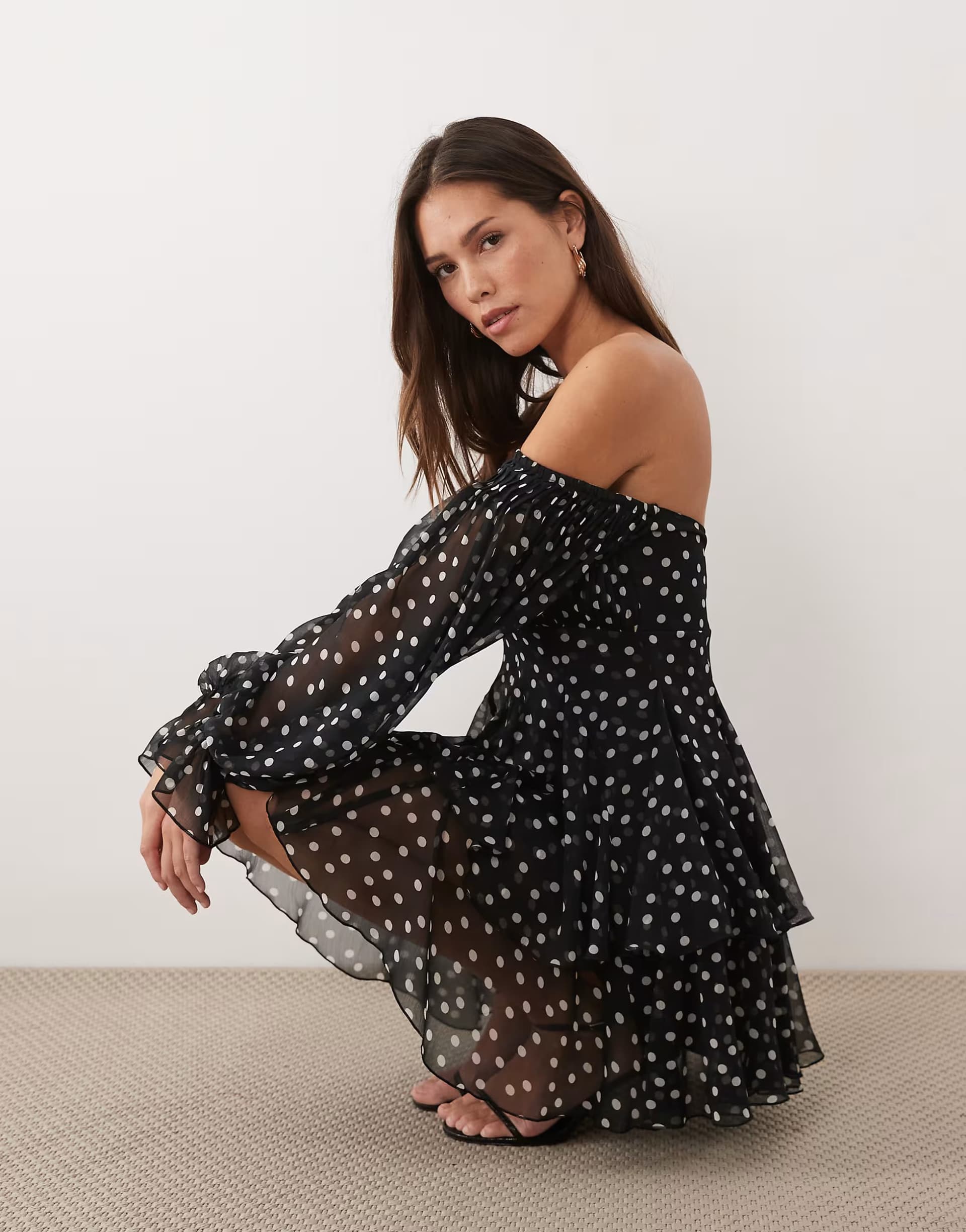 ASOS ASOS DESIGN double layer off shoulder godet mini dress in polka dot print