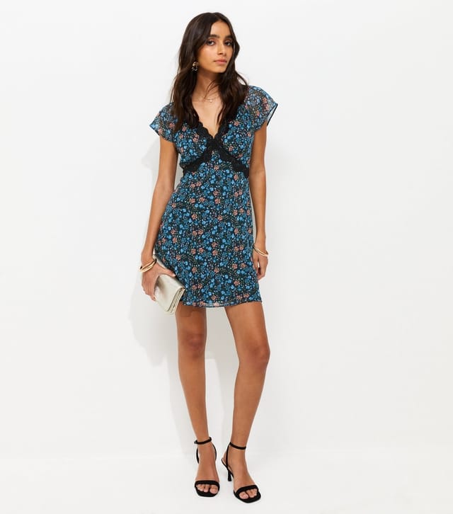 New Look Women's Black Floral Print Chiffon Cap Sleeve Mini Dress New Look - 2