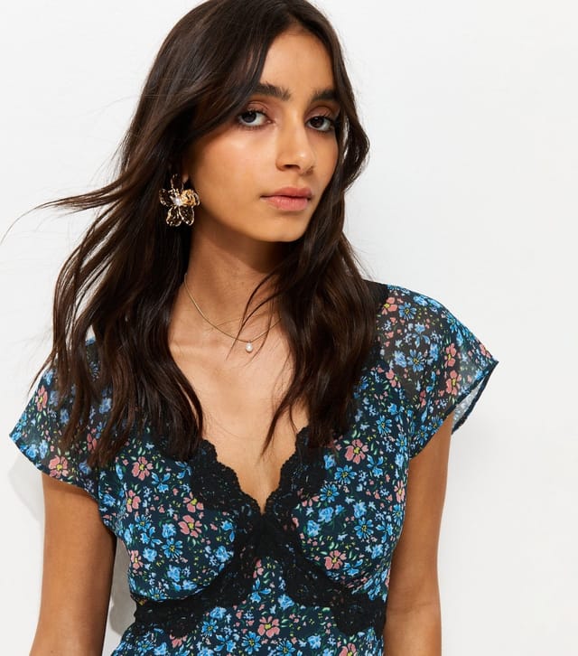 New Look Women's Black Floral Print Chiffon Cap Sleeve Mini Dress New Look - 3