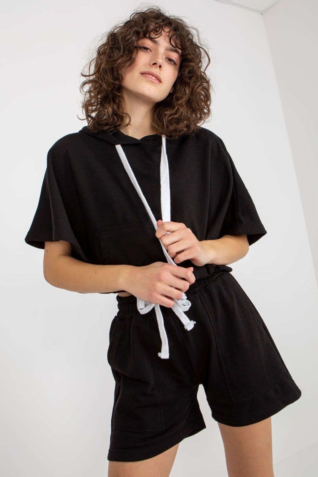 Love Lace Love Lace Women's Hooded Kangaroo Blouse & Shorts Set in Black