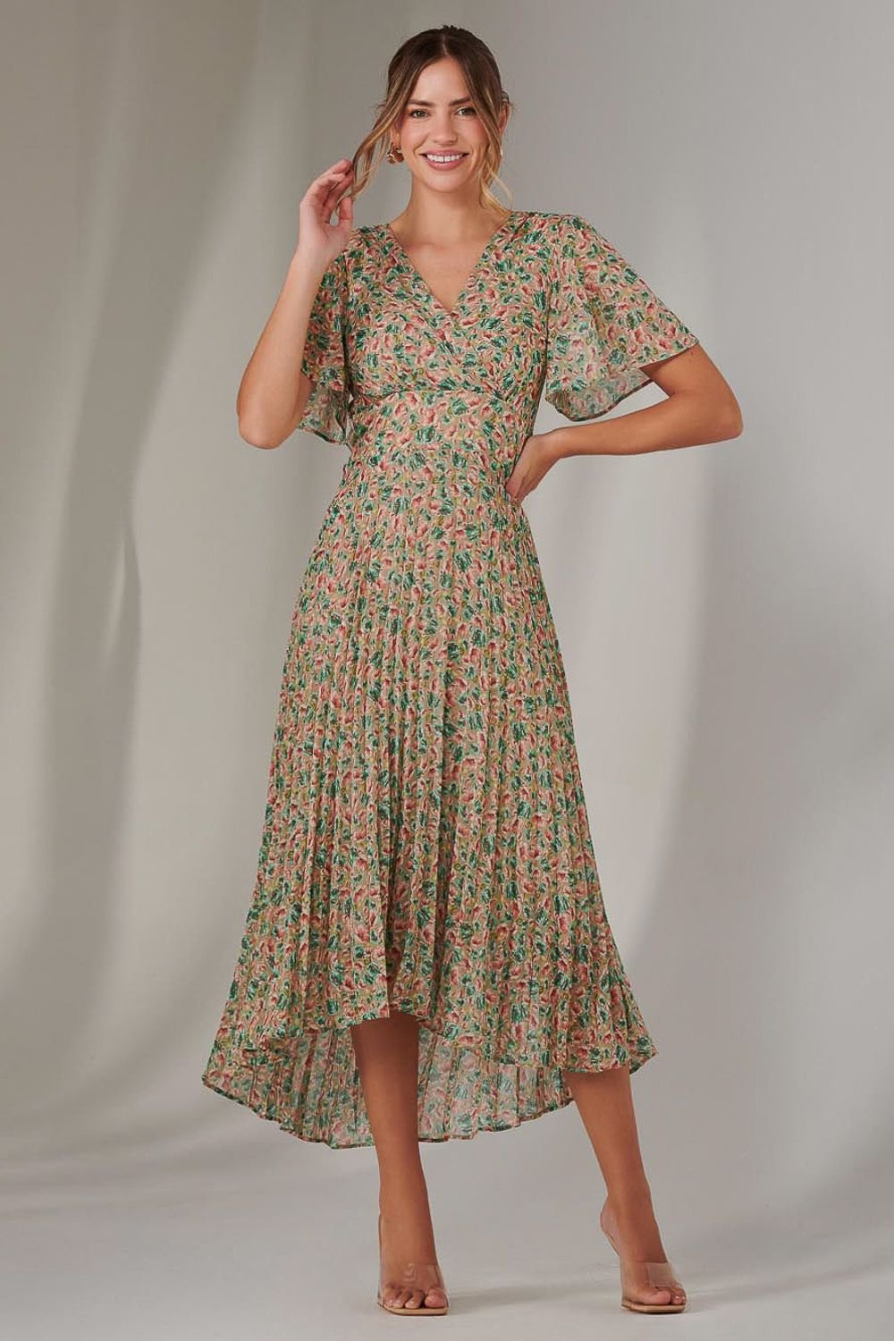 Jolie Moi Jolie Moi Women's Charlotte Pleated Chiffon Midaxi Dress in Medium Beige - 4