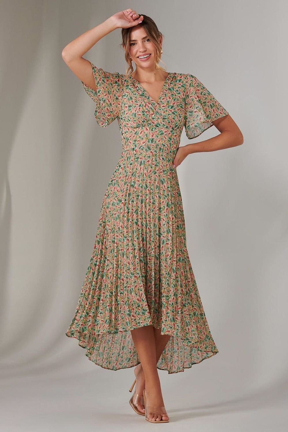Jolie Moi Jolie Moi Women's Charlotte Pleated Chiffon Midaxi Dress in Medium Beige - 4