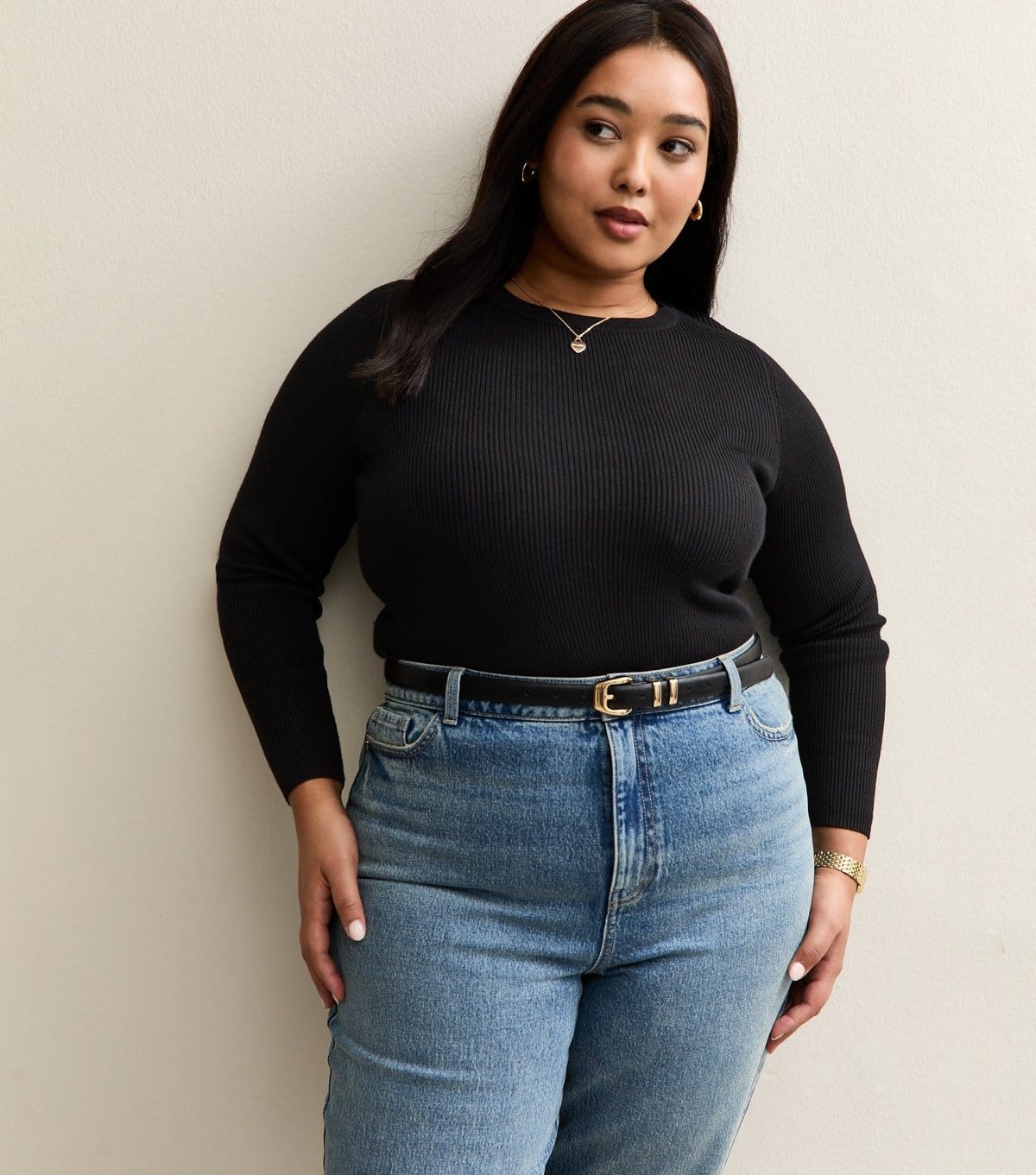 New Look Plus Size Black Ribbed Knit Crew Neck Jumper