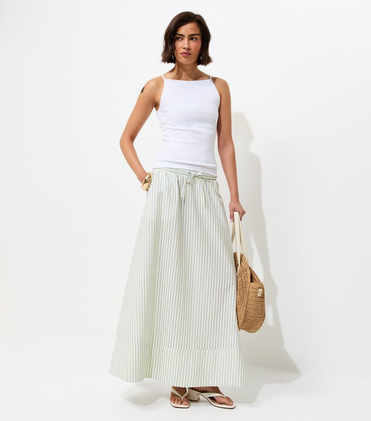 New Look Women's Green Striped Cotton Seersucker Circle Maxi Skirt New Look