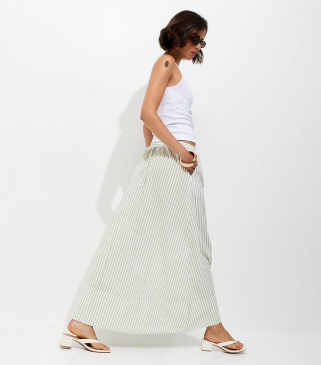New Look Women's Green Striped Cotton Seersucker Circle Maxi Skirt New Look - 3