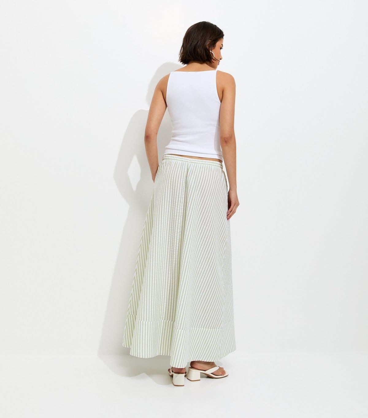 New Look Women's Green Striped Cotton Seersucker Circle Maxi Skirt New Look - 4