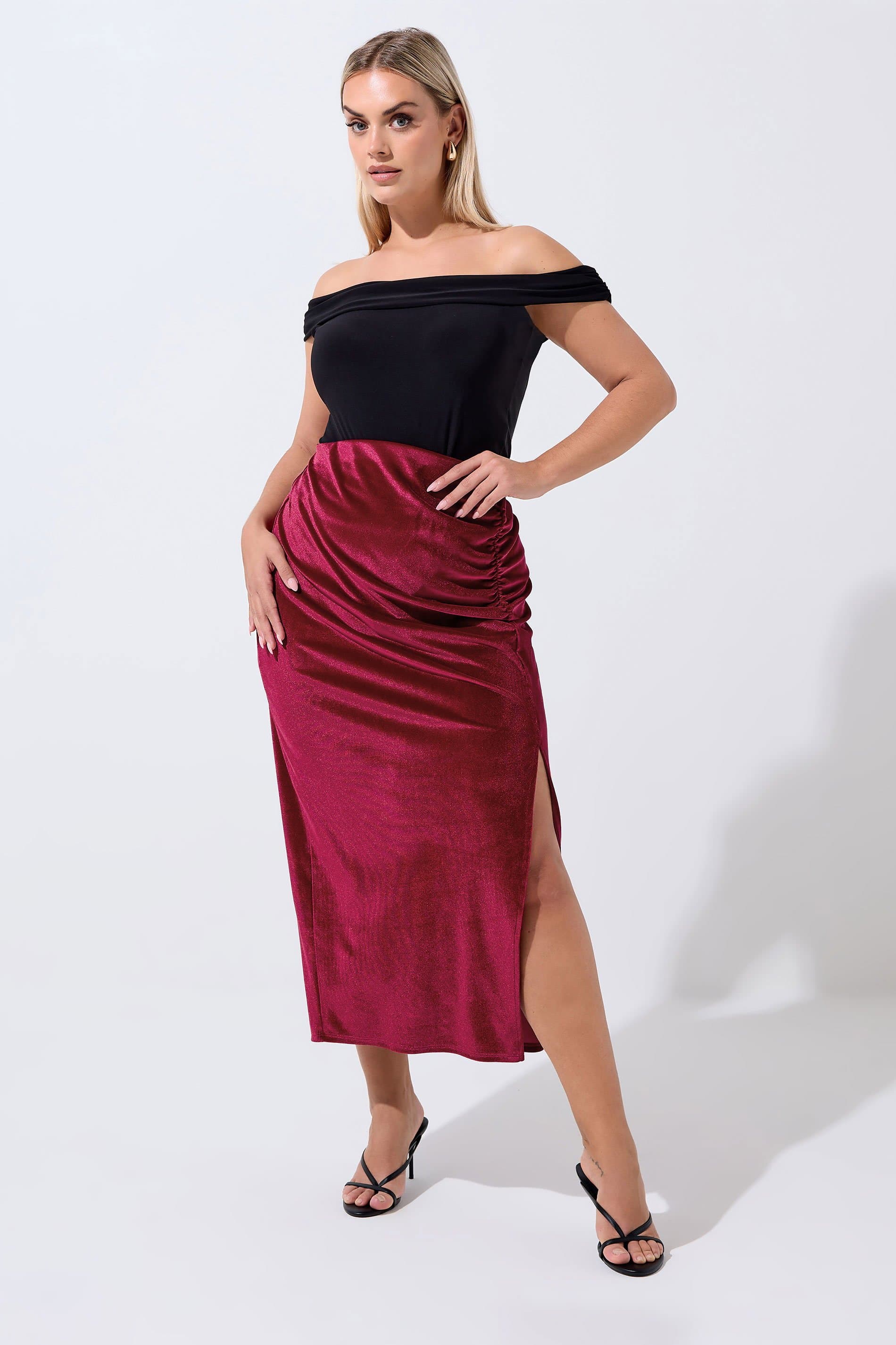 Limited Collection Plus Size Burgundy Red Velvet Ruched Midi Skirt