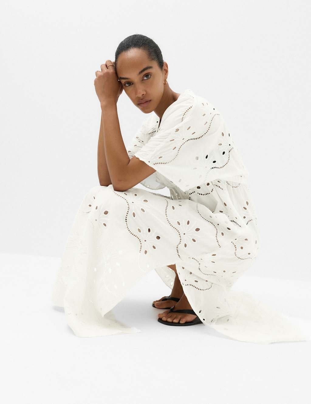 M&S Pure Cotton Cutwork Maxi Kaftan Dress Soft White