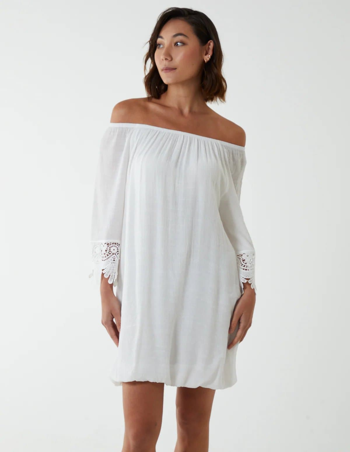 Blue Vanilla Bardot Tunic Dress With Crochet Lace Sleeves