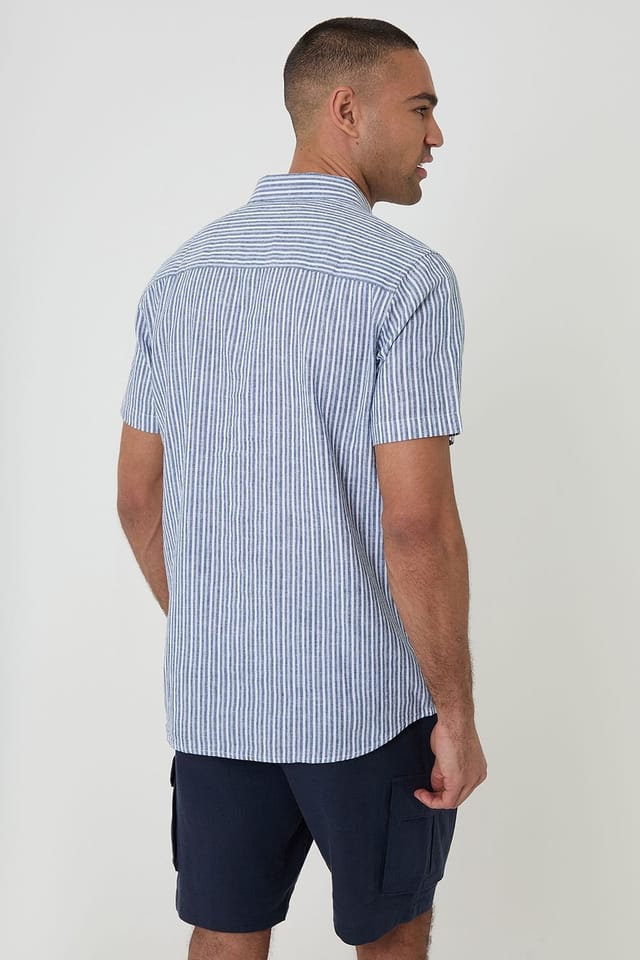 Threadbare Threadbare Men's Stripe Linen Cotton Blend Short Sleeve Shirt in Blue - 2