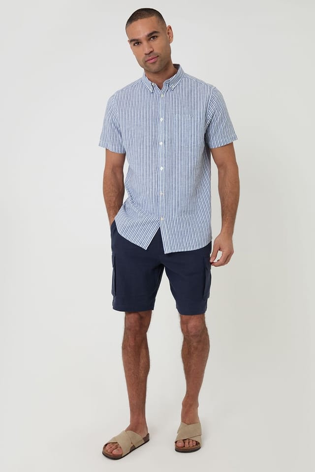 Threadbare Threadbare Men's Stripe Linen Cotton Blend Short Sleeve Shirt in Blue - 3