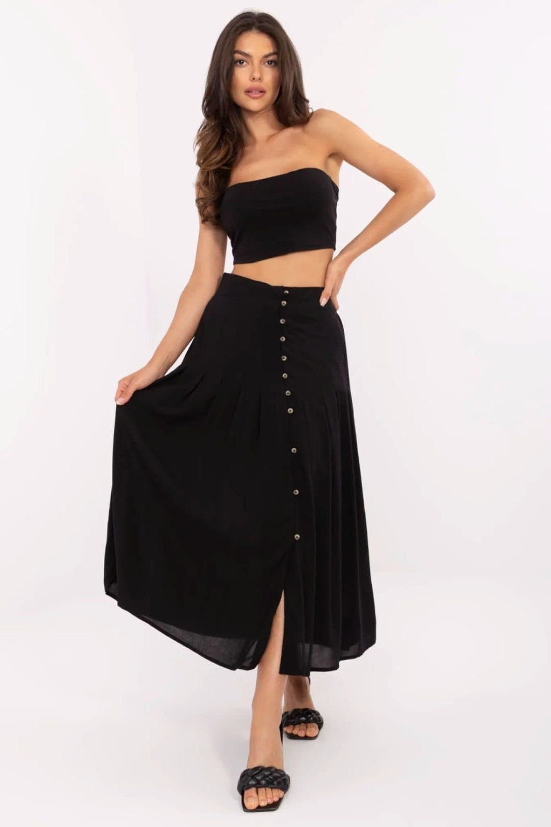 Love Lace Love Lace Women's Pleated Midi Skirt with Front Button Detail in Black