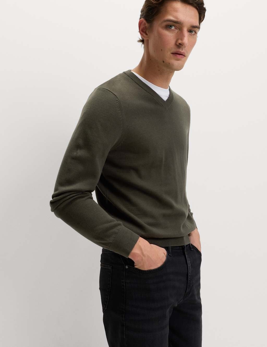 Marks & Spencer M&S Pure Cotton V-Neck Jumper Dark Khaki