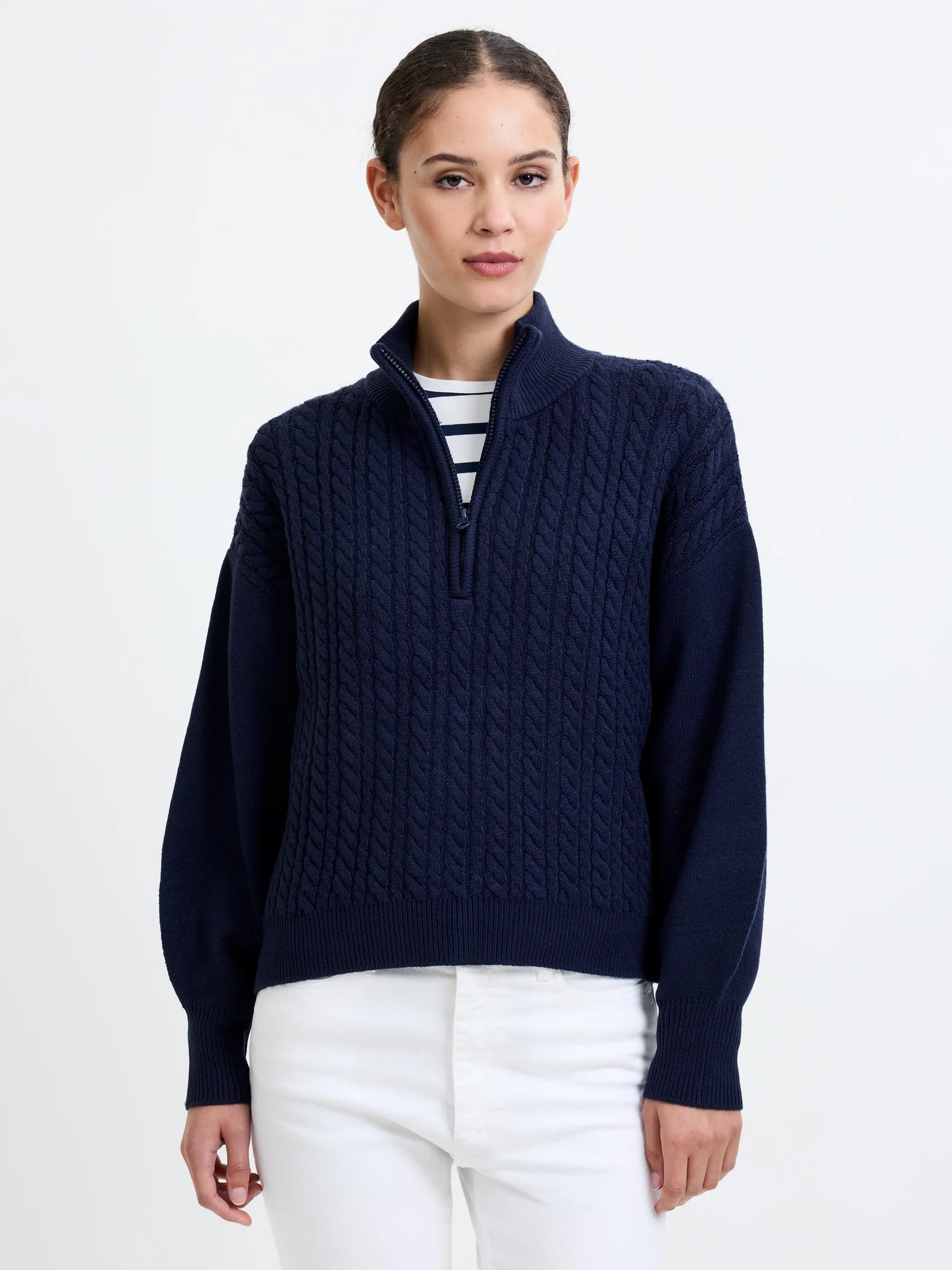 French Connection Babysoft Cable Knit Half Zip Jumper Duchess Blue