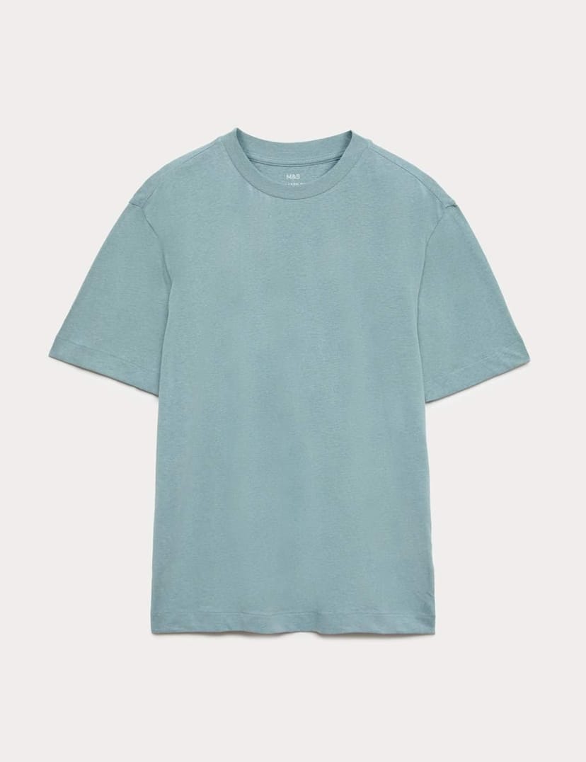 Marks & Spencer M&S Cotton Linen Blend Crew Neck T-Shirt Slate Blue - 1