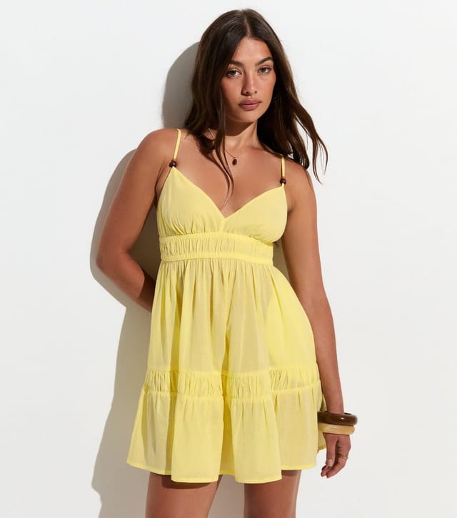 New Look Women's Light Yellow Cotton Tiered Beach Mini Dress New Look - 3