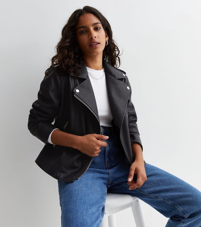 New Look Women's Petite Black Leather-Look Biker Jacket New Look - 1