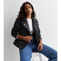 New Look Women's Petite Black Leather-Look Biker Jacket New Look - 3