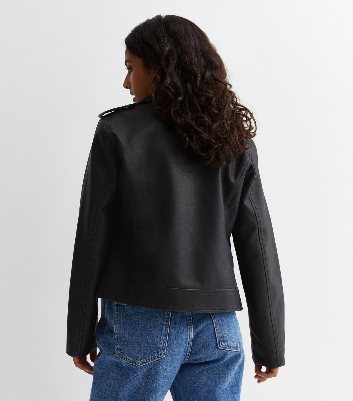 New Look Women's Petite Black Leather-Look Biker Jacket New Look - 4