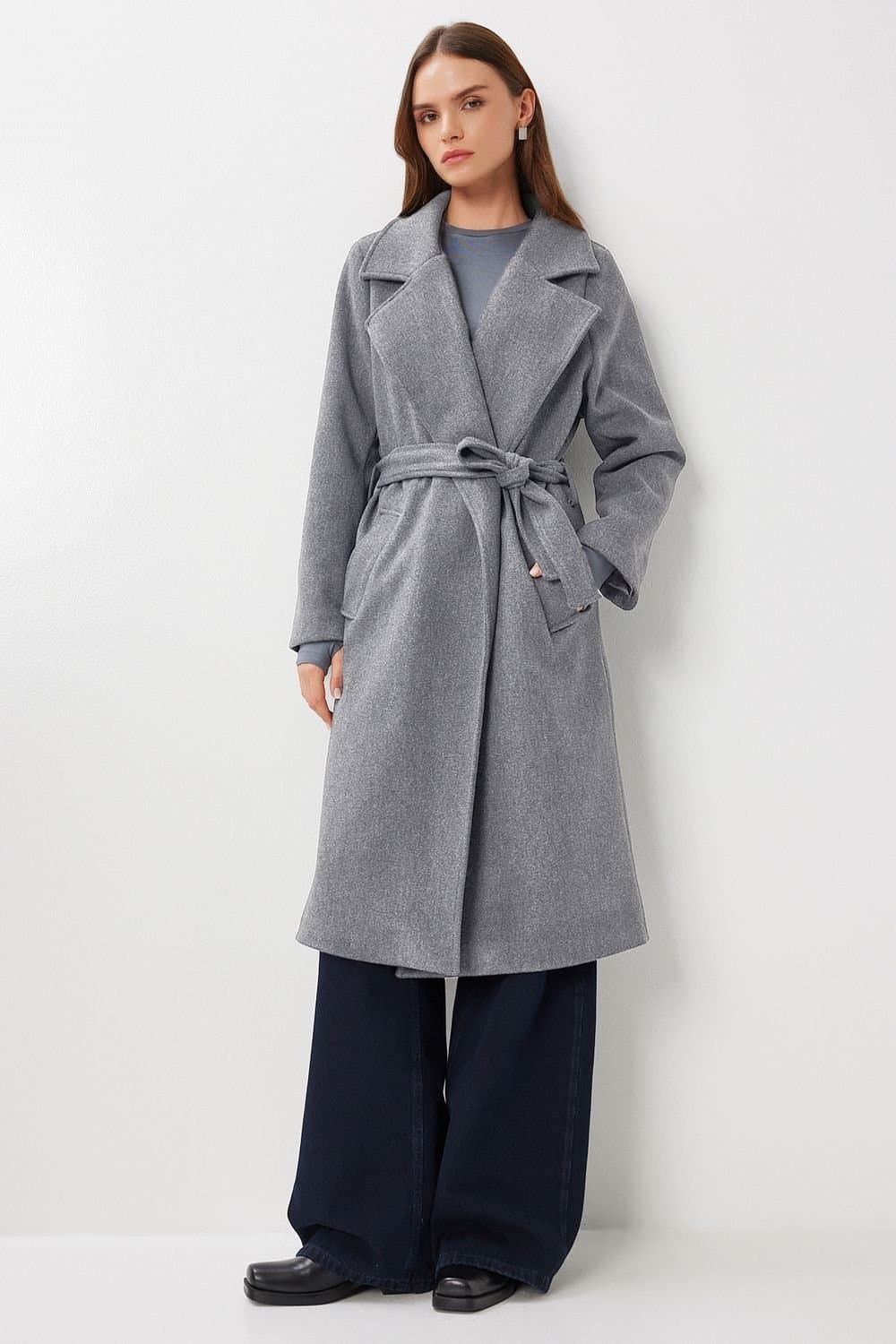 Happiness Istanbul Happiness Istanbul Women's Textured Double Breasted Long Overcoat in Charcoal
